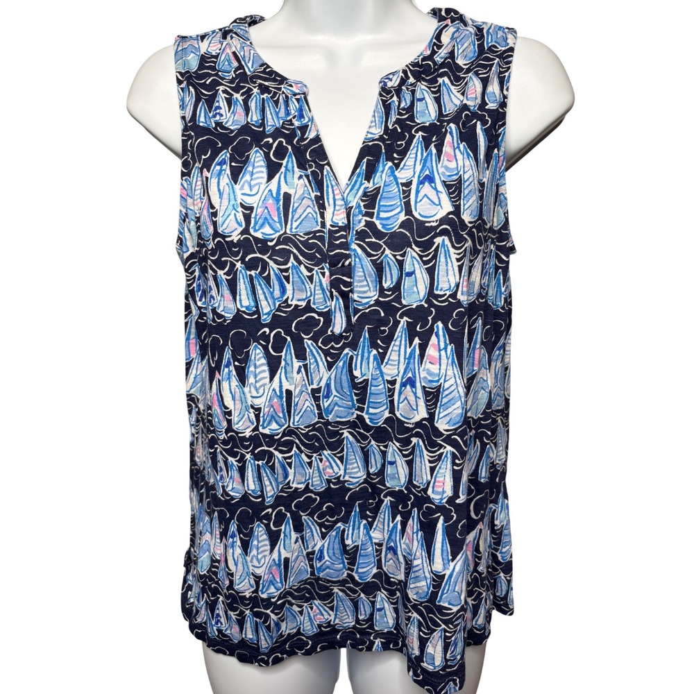 LILLY PULITZER Womens Navy Blue Sailboat Etta Tank Top Sz S Coastal Preppy Chic